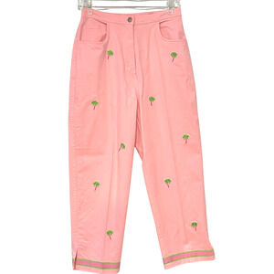 Vtg Quacker Factory Sz S 26"Wx23"L Cropped Pants Pink Palm Trees Coastal Quirky